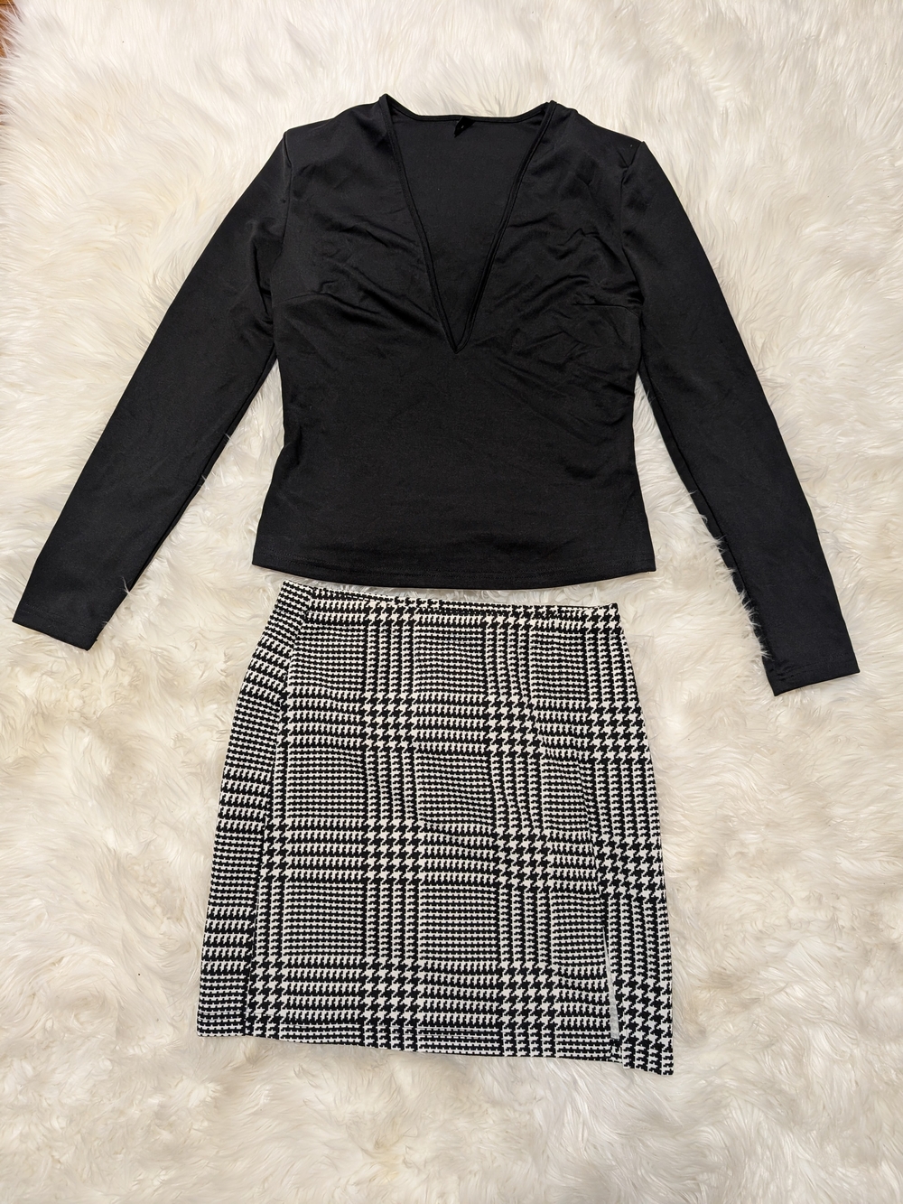 Black Long-Sleeve Top with Black & White Plaid Mini Skirt